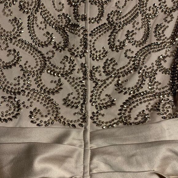 NWT LA Femme champagne colored ruched gown with beaded back and sleeves. - Picture 7 of 14